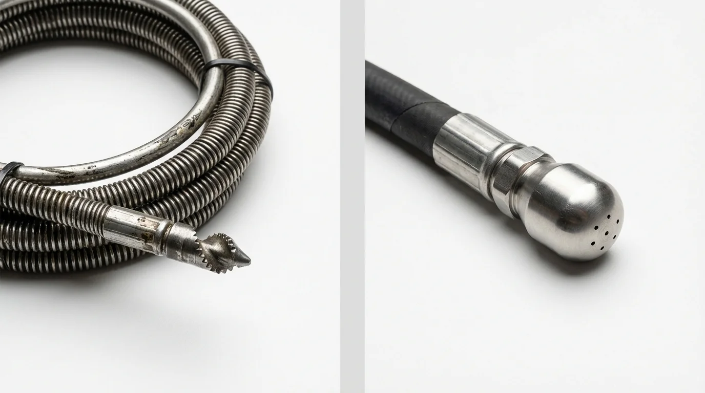 Drain snake cable and hydro jetting nozzle used for drain cleaning in Brentwood, NY