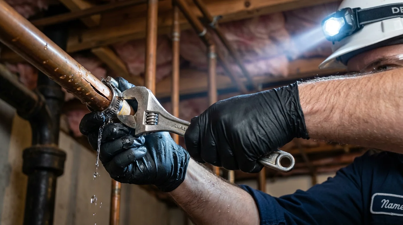 Emergency pipe clamp repair being performed by a Johns Plumbing LLC plumber in Brentwood