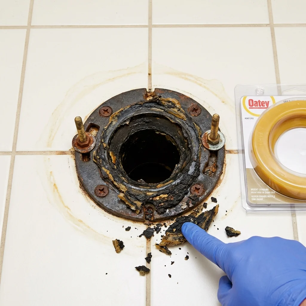 Failed wax ring showing water seepage at the base of a toilet in a Brentwood, NY home