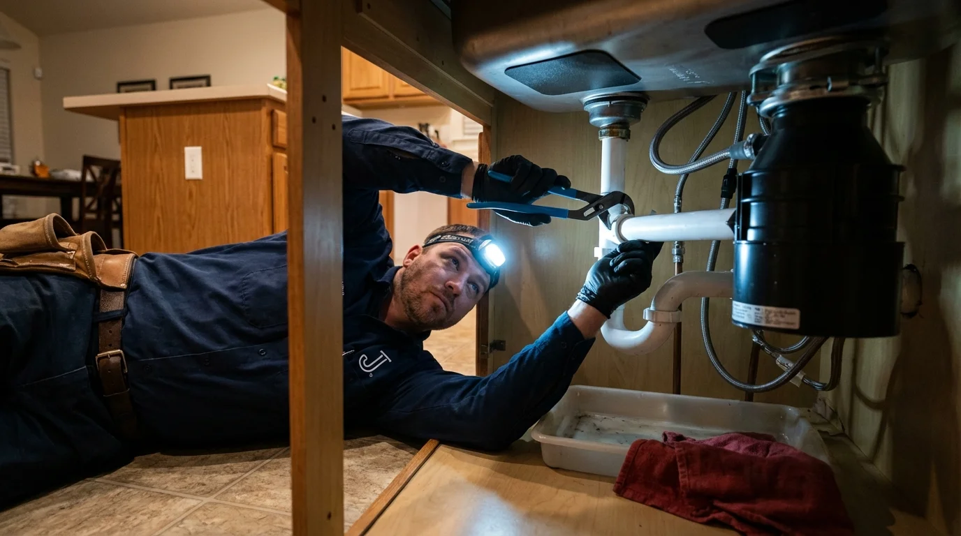 P-trap and supply line connections under a kitchen sink showing a common leak point in Brentwood, NY